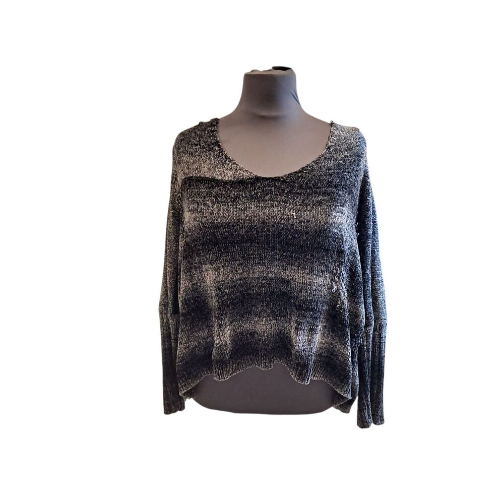 POL Oversize Hooded Distressed Cropped Sweater Women's Size Large Black Striped